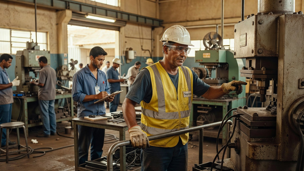 Engenheiro de segurança inspecionando máquina em indústria brasileira