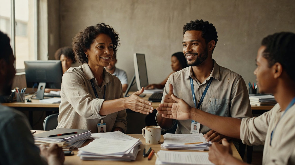 Equipe de RH dando boas-vindas a novo colaborador em escritório brasileiro