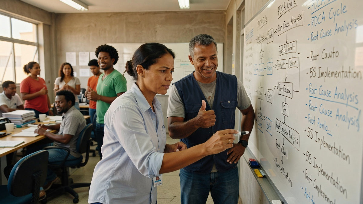 Equipe aplicando kaizen em ambiente de trabalho brasileiro