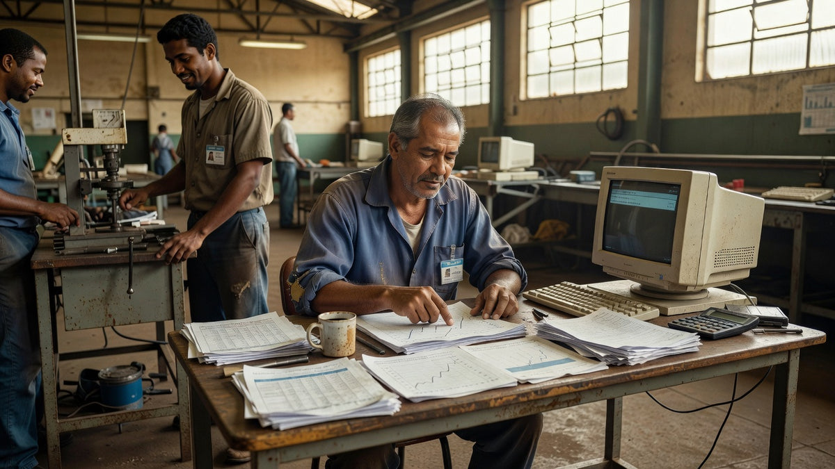 Gerente analisando planejamento de produção em fábrica com recursos limitados