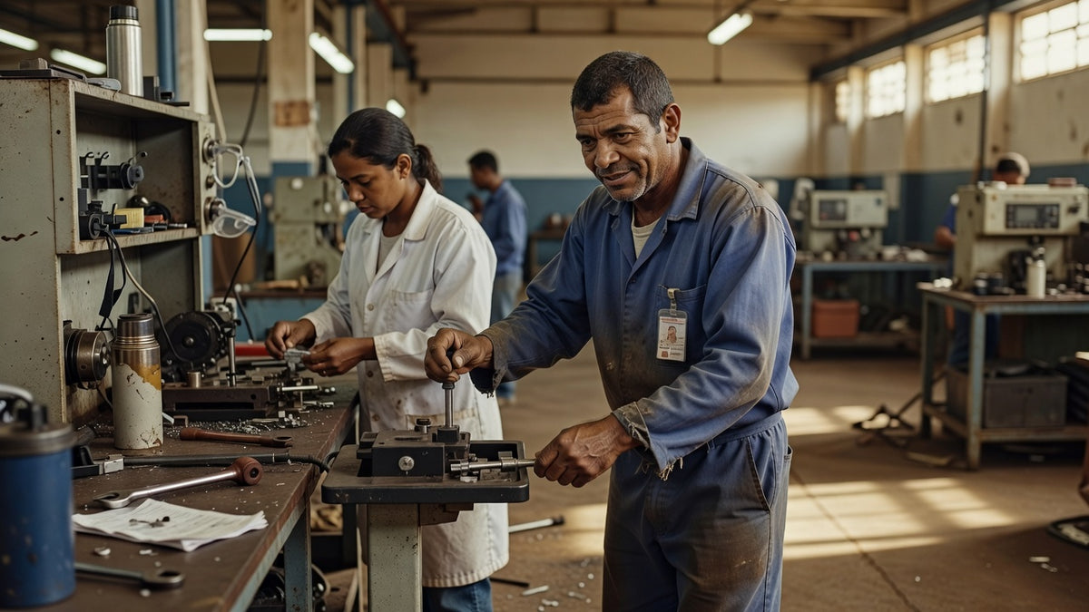 Trabalhador industrial ajustando estação de trabalho ergonômica