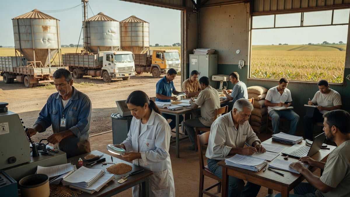 Cadeia de suprimentos no agronegócio com caminhões e silos