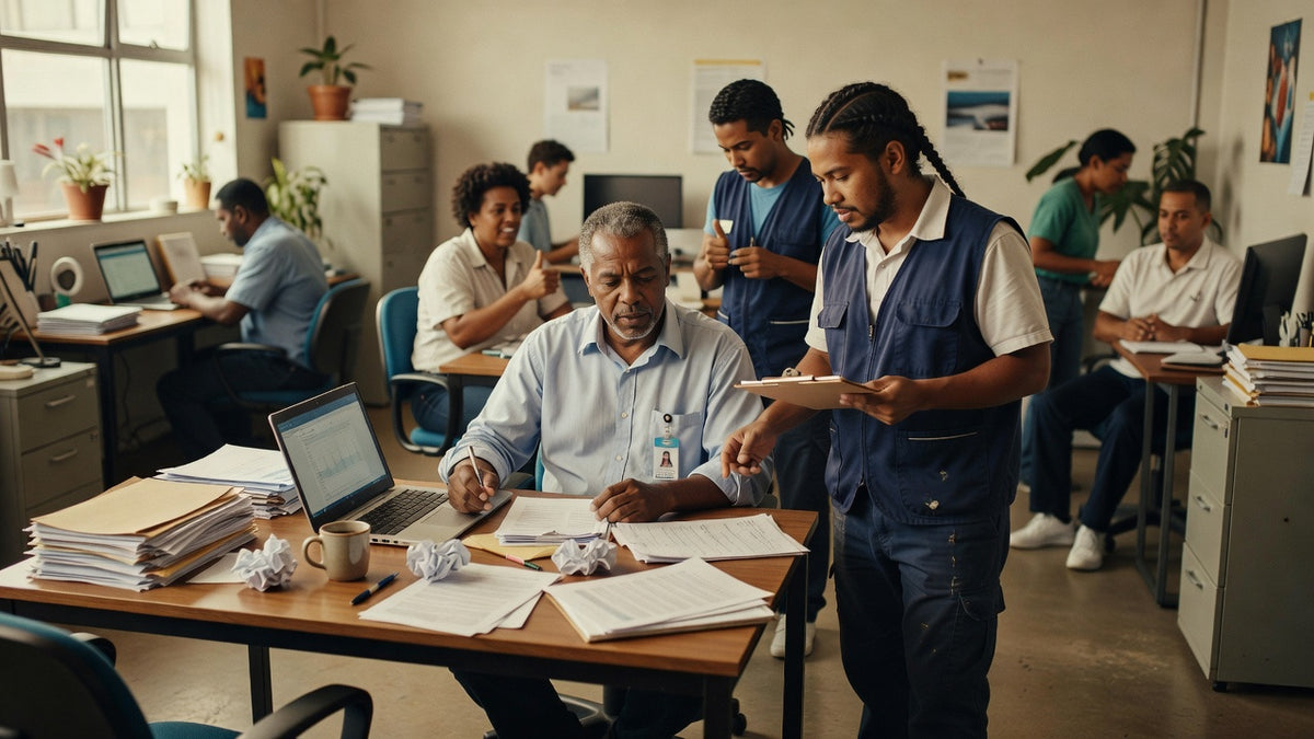 Equipe brasileira colaborando em ambiente de trabalho moderno