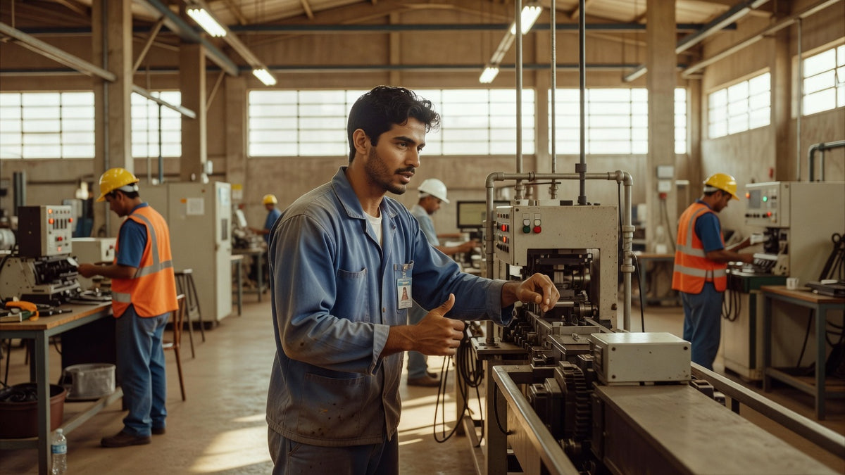 Jovem iniciante observando processos industriais em fábrica