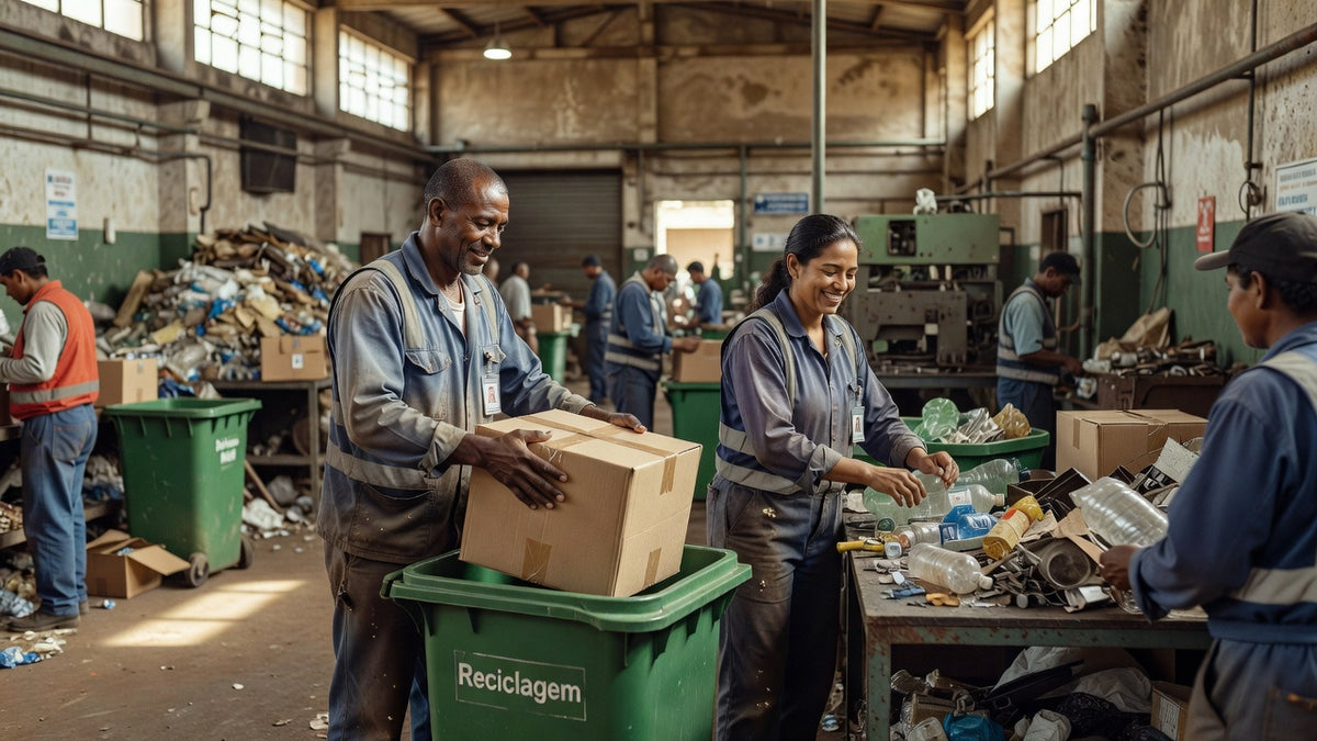 Trabalhadores da indústria separando resíduos em fábrica brasileira