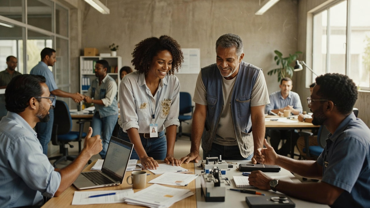 Equipe diversa em treinamento interno na empresa
