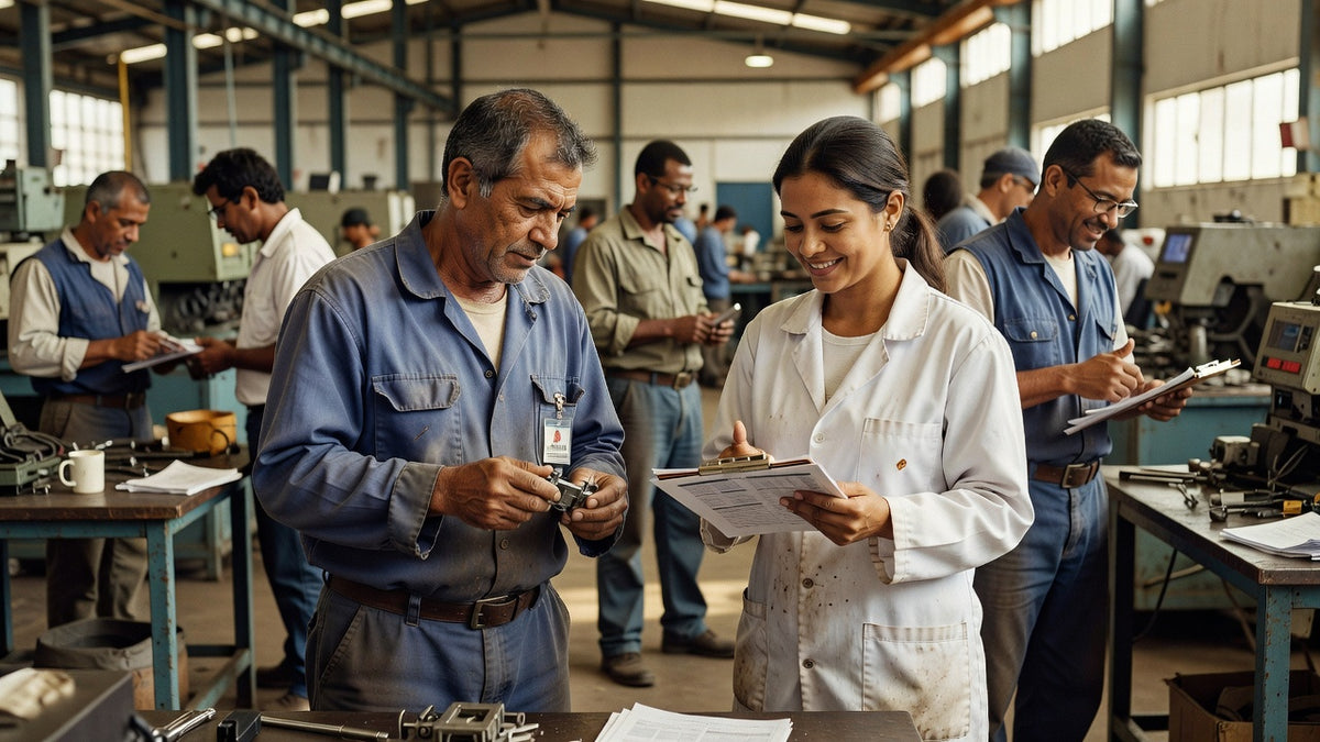 Equipe discutindo gestão de qualidade em indústria