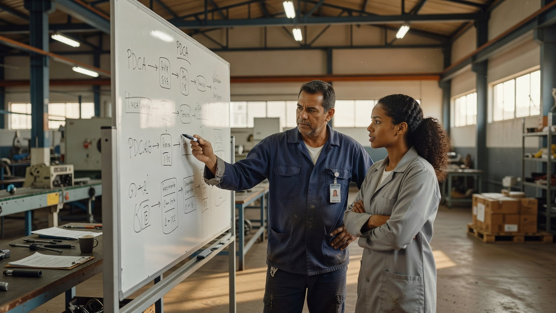 Equipe aplicando ciclo PDCA em processos industriais