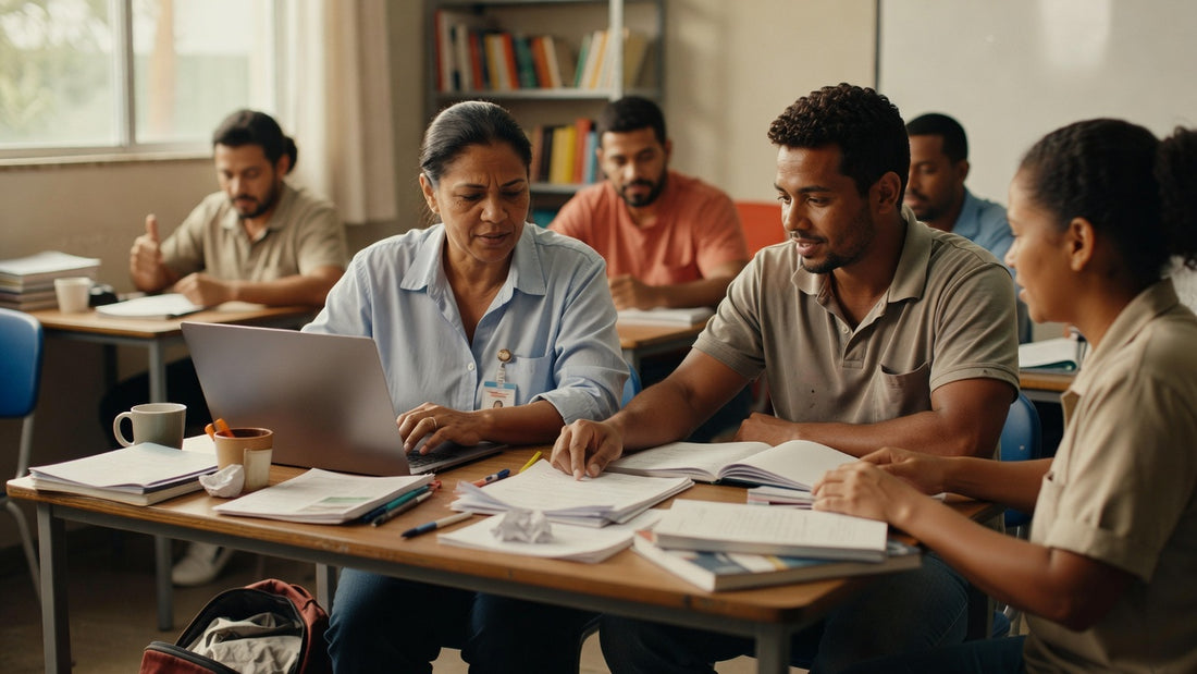 Coordenador escolar liderando reunião com professores