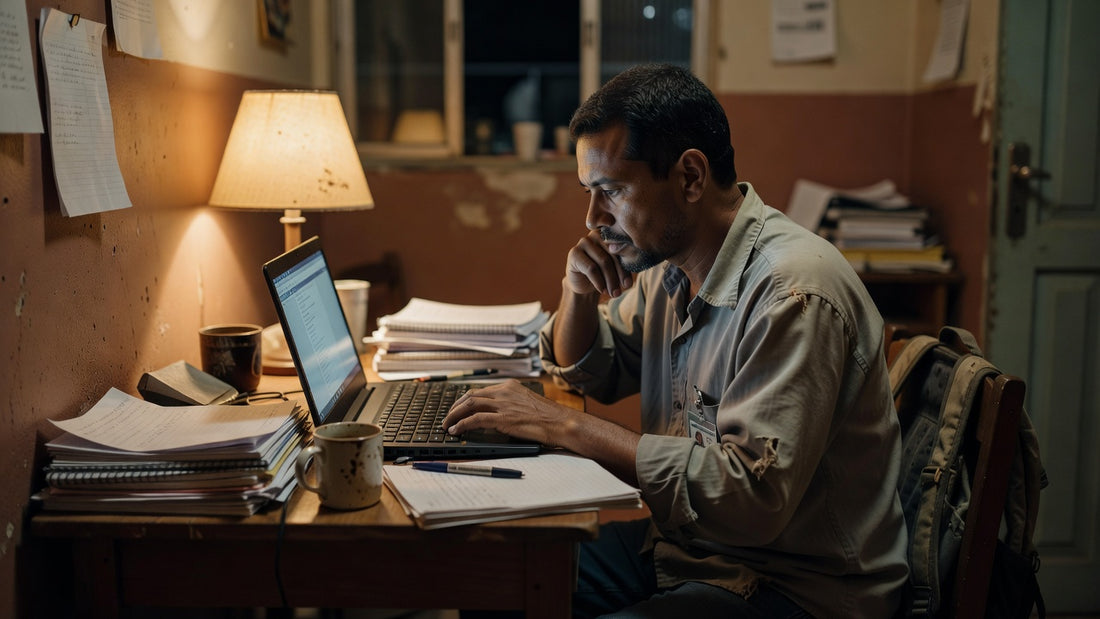 Adulto brasileiro estudando à noite no notebook