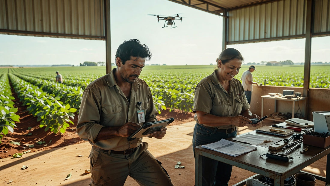 Drone aplicando IA em lavoura brasileira de soja