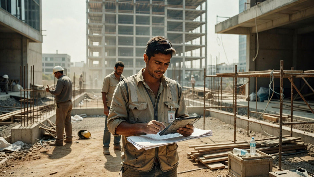 Engenheiro iniciante revisando plano de obra em canteiro de construção