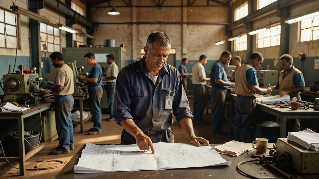 Profissional de gestão de projetos revisando planos em fábrica industrial