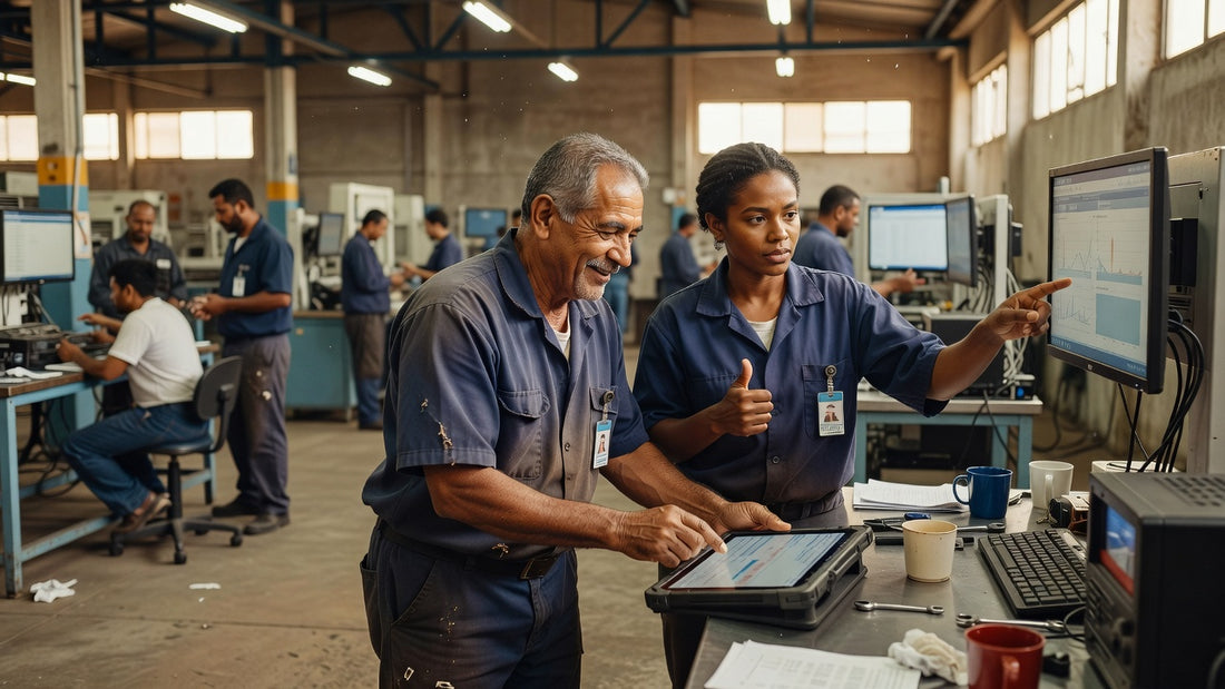 Fábrica brasileira com equipe analisando dados de produção em telas digitais
