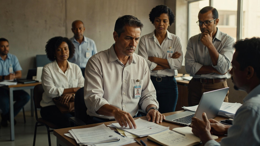 Gerente apresentando relatório de indicadores para equipe de liderança