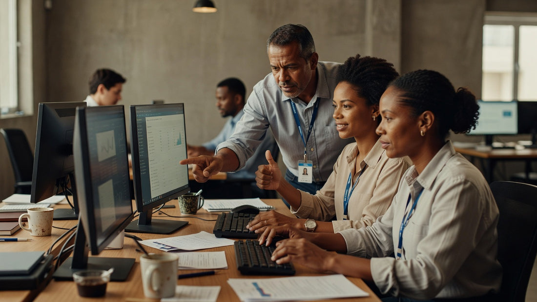 Equipe analisando indicadores financeiros em tela