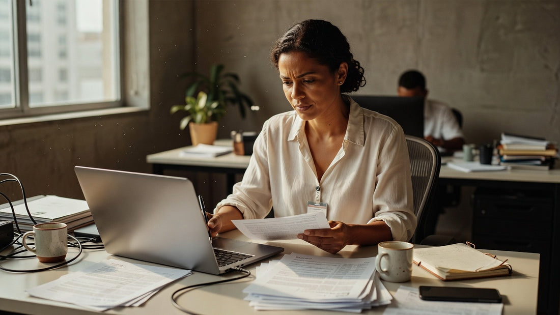 Profissional revisando documentos de contratos em ambiente de trabalho
