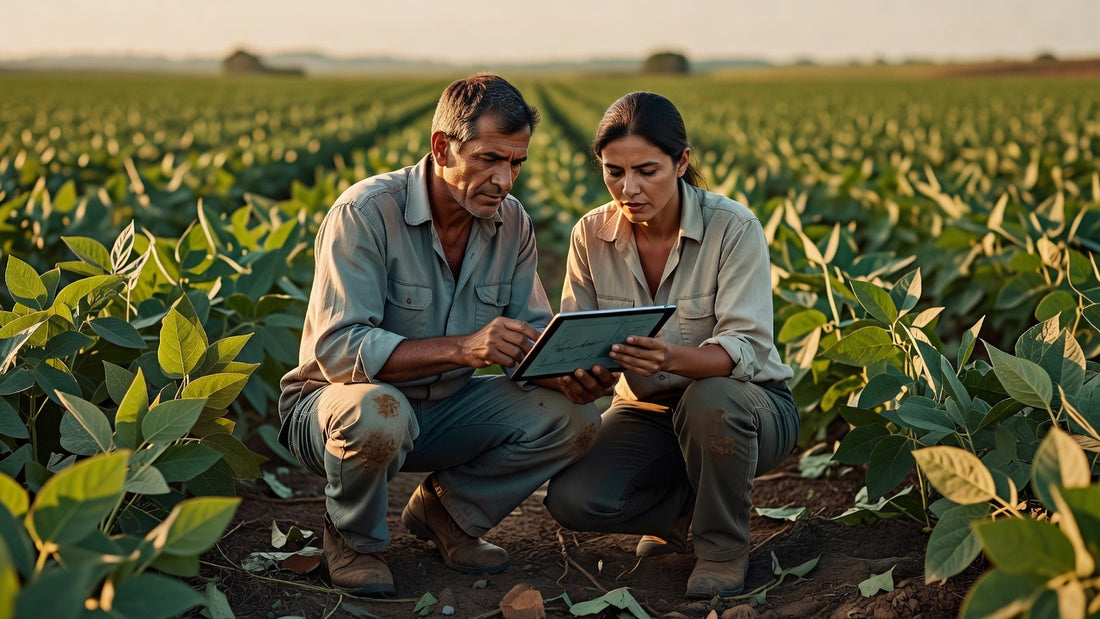 Agricultor usando tablet para analisar dados no campo