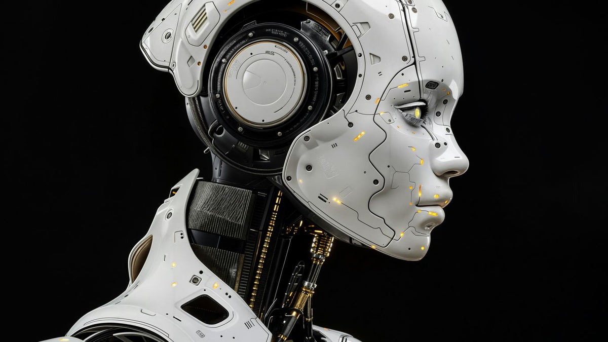 A white robot is standing in front of a black background